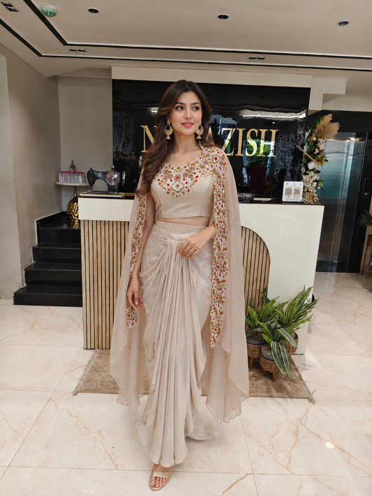 Fawn Indo Western Set
Designer Drape Skirt Outfit
Resham Kutdana Indo Western
Organza Shrug Co Ord Set
Luxury Party Wear for Women