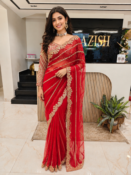 Red Net Saree
Handwork Saree
Zari Work Saree
Designer Party Wear Saree
Wedding Wear Saree