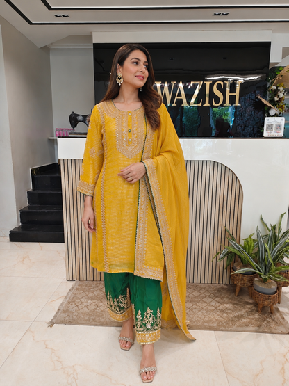 Mustard & Bottle Green Farshi Salwar Set
Designer Farshi Salwar Suit
Wedding Wear Farshi Salwar
Festive Party Wear Ethnic Set
Tissue Designer Suit