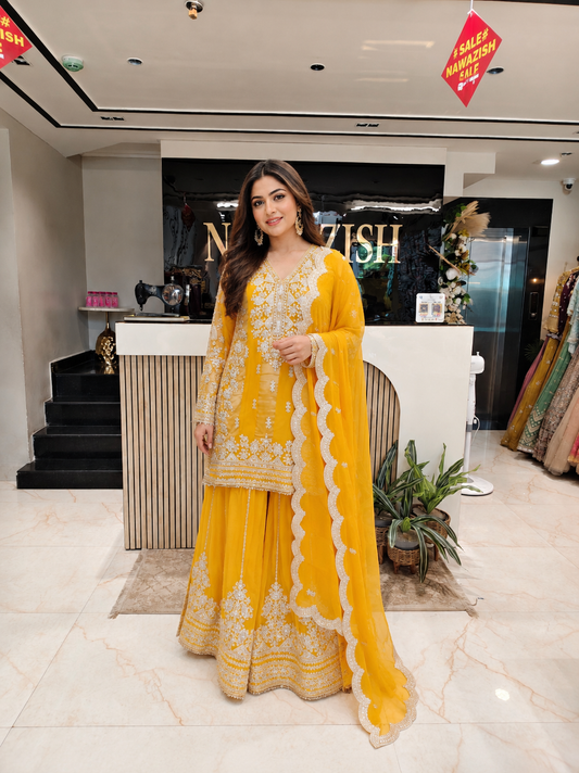 Yellow Sharara Set
Designer Organza Sharara
Resham Zari Work Outfit
Wedding Wear Sharara India
Luxury Festive Wear Women