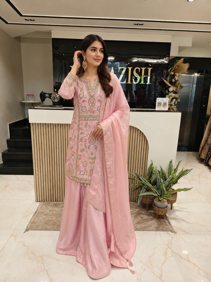 Pink Farshi Salwar Set
Tissue Farshi Salwar Suit
Designer Kurta Set
Wedding Wear Farshi Suit
Festive Party Wear Ethnic Set