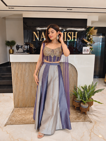 Purple Jacquard Tissue Indo-Western Set
Designer Co-ord Palazzo Set
Dabka Cutdana Work Indo-Western
Wedding Wear Indo-Western Outfit
Luxury Ethnic Wear