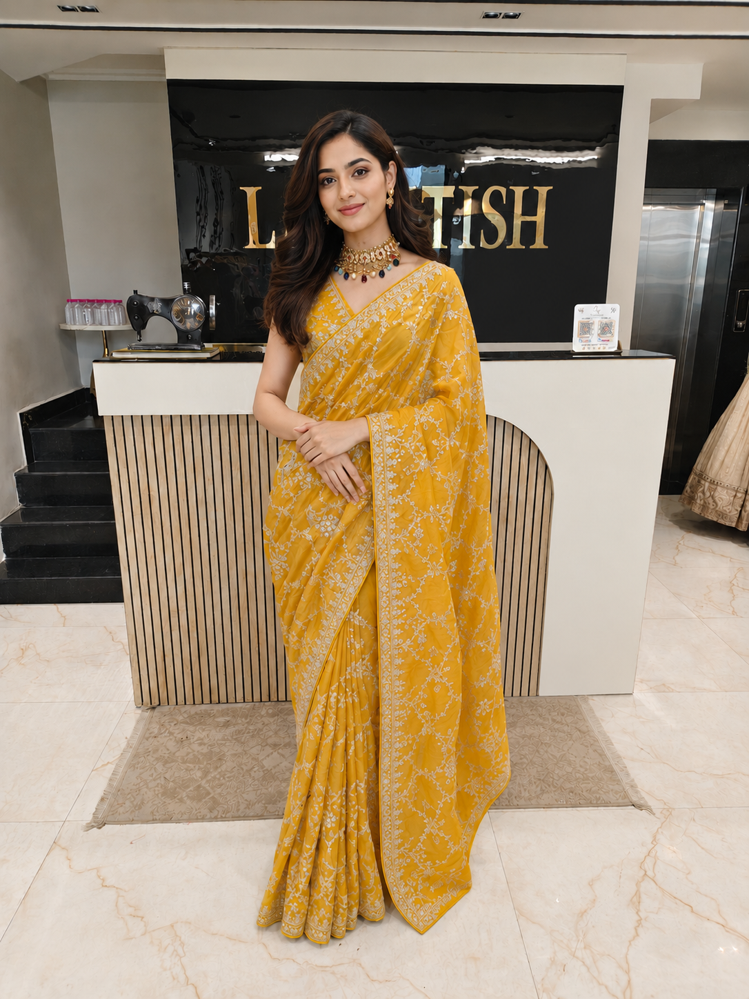 Mustard Organza Saree
Zari Work Saree
Stone Work Saree
Designer Party Wear Saree
Wedding Wear Saree