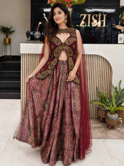 Maroon Brocade Silk Indo-Western Sharara Set
Designer Brocade Silk Indo-Western
Kutdana Sequins Work Sharara Set
Wedding Wear Indo-Western Sharara
Luxury Ethnic Wear