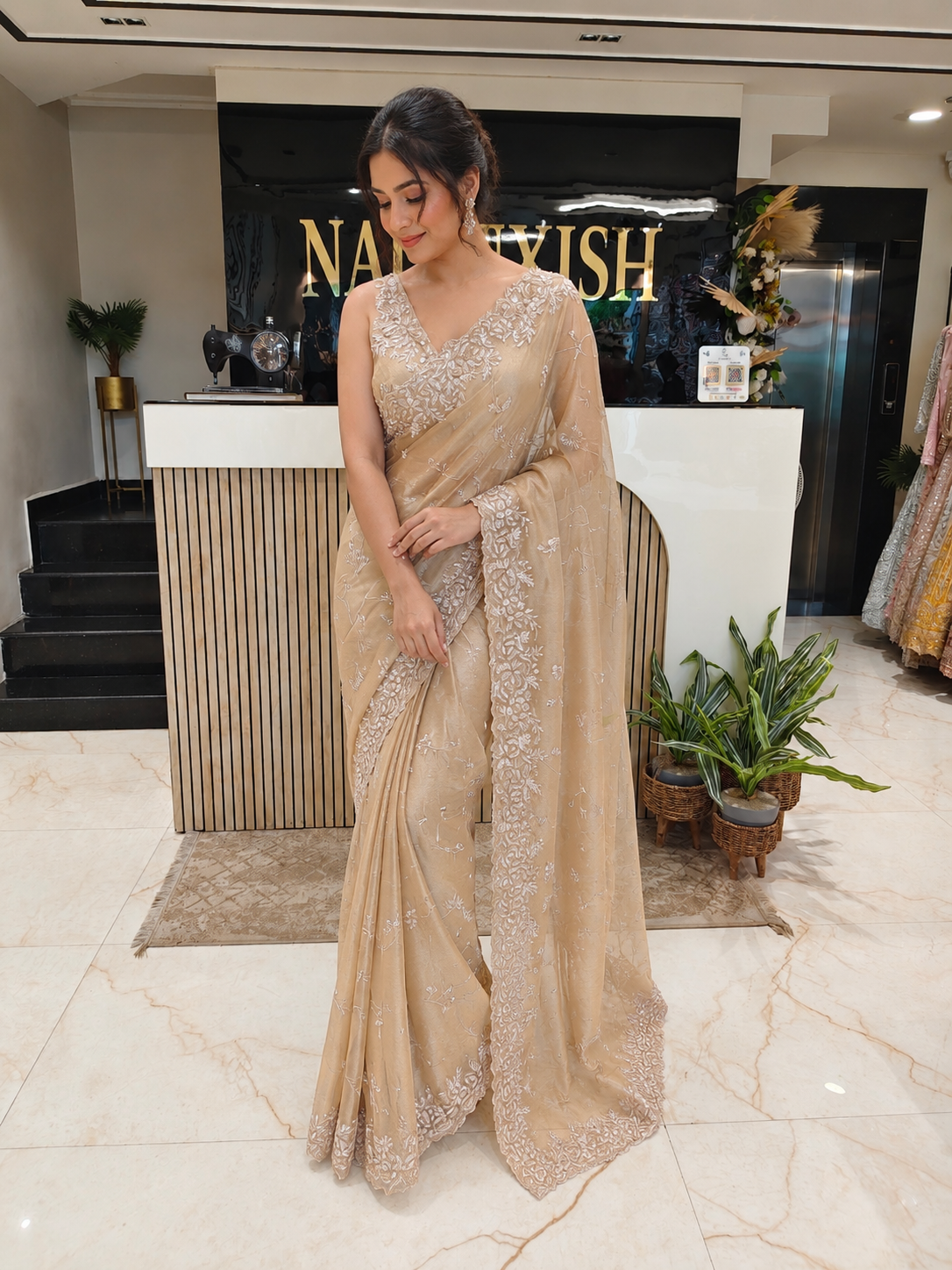 Golden Jacquard Tissue Saree
Floral Print Designer Saree
Pearl & Stone Work Saree
Wedding Wear Saree
Luxury Ethnic Saree
