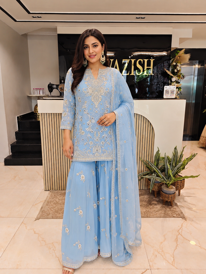Sky Blue Sharara Set
Georgette Sharara Set
Designer Sharara Suit
Wedding Wear Sharara
Festive Party Wear Sharara