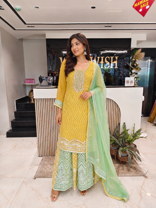 Lemon Sea Green Sharara Set
Designer Georgette Sharara
Resham Work Ethnic Outfit
Wedding Wear Sharara India
Luxury Festive Wear Women