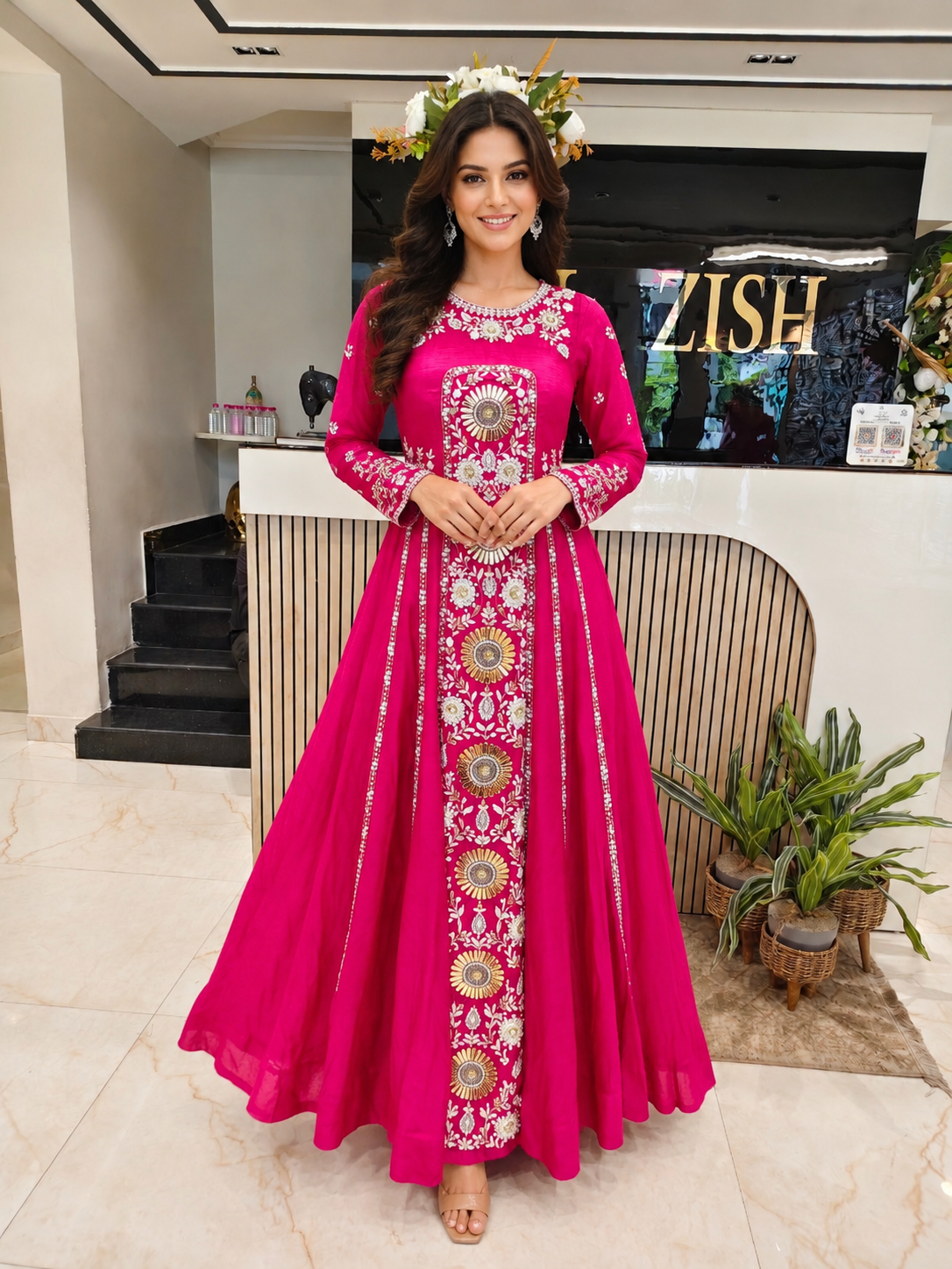 Rani Pink Designer Anarkali
Silk Festive Wear Women
Kutdana Mirror Work Outfit
Wedding Wear Anarkali India
Luxury Party Wear Dress