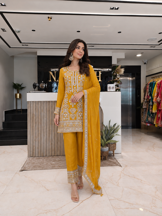 Mustard Chinon Kurta Farshi Salwar Set
Designer Chinon Farshi Salwar Suit
Pearl Zari Cutdana Work Kurta Set
Wedding Wear Farshi Salwar Set
Luxury Ethnic Wear