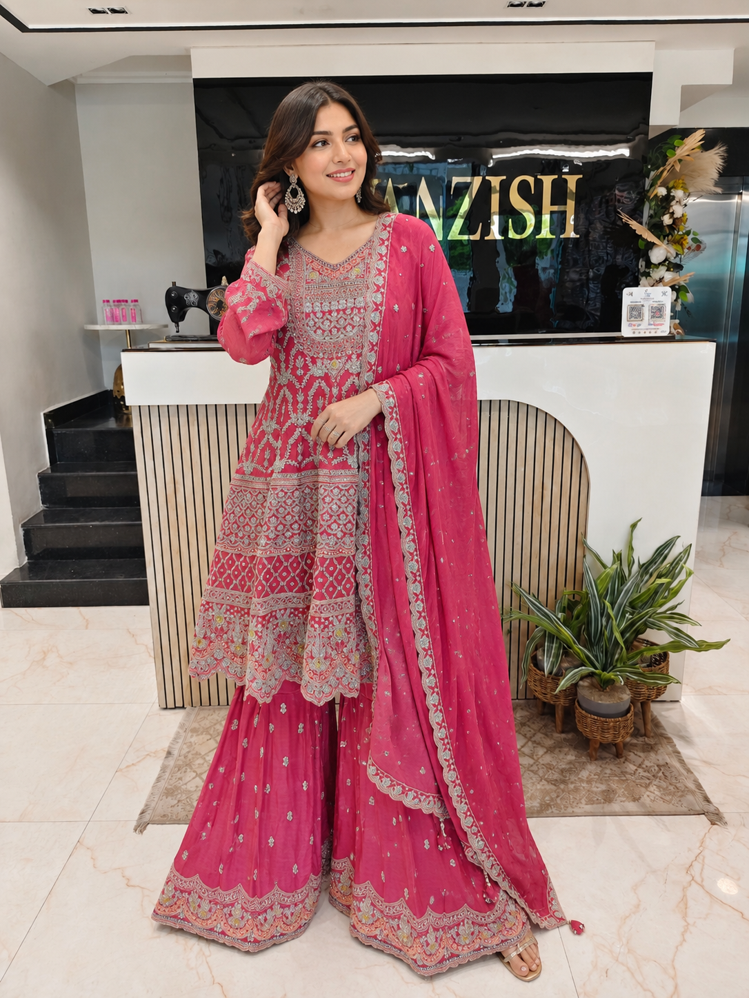 Hot Pink Chinon Sharara Set
Designer Sharara Suit
Wedding Wear Sharara
Festive Party Wear Ethnic Set
Chinon Designer Suit