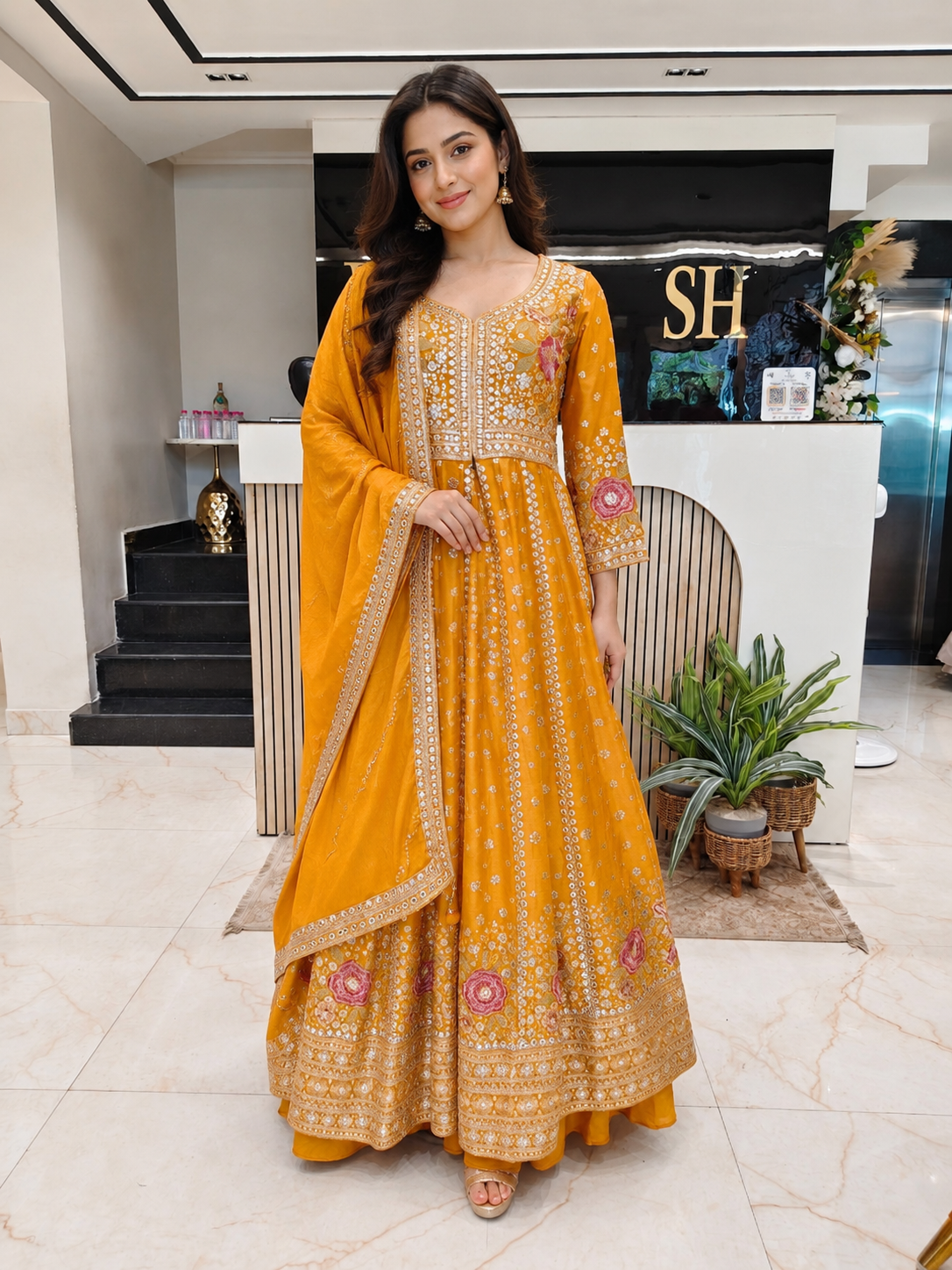 Mustard Anarkali Skirt Set
Chiffon Festive Wear Women
Resham Sequins Work Outfit
Designer Wedding Wear India
Contemporary Party Wear Women