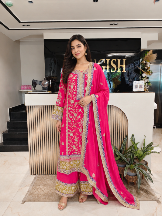 Rani Pink Pant Set
Designer Chiffon Ethnic Set
Mirror Work Ethnic Outfit
Wedding Wear Pant Set India
Luxury Festive Wear Women