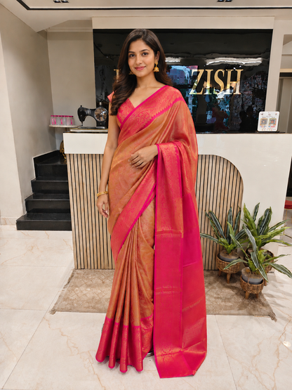 Rose Gold Tissue Saree
Rani Pink Saree
Zari Tissue Saree
Designer Festive Saree
Wedding Wear Saree