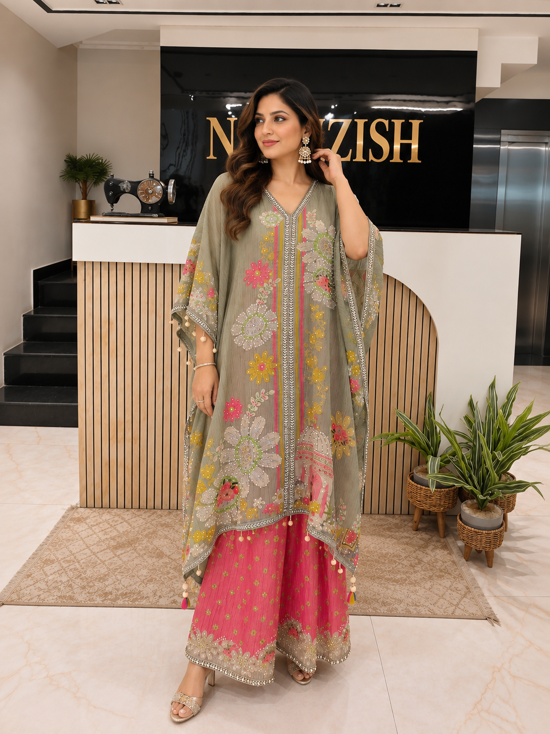 Sea Green & Pink Indo-Western Kaftan
Designer Crush Tissue Kaftan
Floral Print Pearl Work Kaftan
Palazzo Kaftan Party Wear
Luxury Ethnic Wear