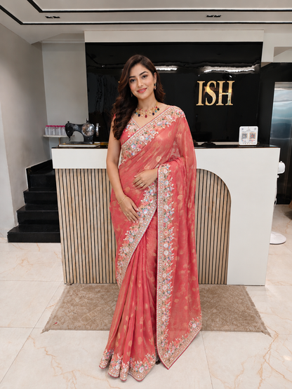 Rani Pink Tissue Saree
Resham Work Saree
Zari Work Saree
Designer Party Wear Saree
Wedding Wear Saree