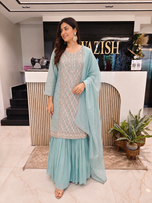 Sea Green Chinon Sharara Set
Designer Sharara Suit
Wedding Wear Sharara
Festive Party Wear Ethnic Set
Chinon Designer Suit