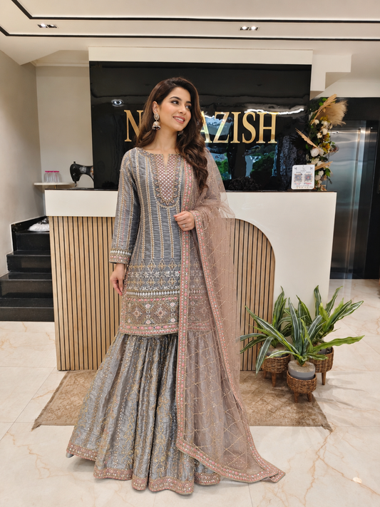 Grey Jimmy Choo Garara Set
Designer Garara Suit
Wedding Wear Garara
Festive Party Wear Garara
Mirror Work Ethnic Set