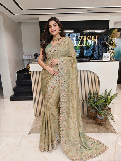 Sea Green Tissue Saree
Printed Tissue Saree
Dabka Work Saree
Designer Party Wear Saree
Wedding Wear Saree