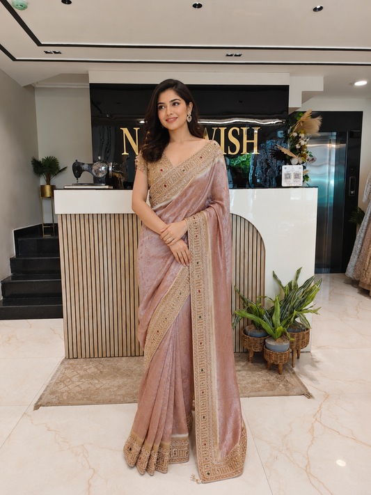 Rose Gold Tissue Saree
Designer Tissue Saree
Handwork Saree
Kundan Work Saree
Wedding Wear Saree