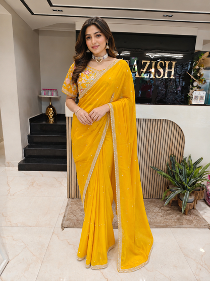 Yellow Crepe Saree
Zari Work Saree
Readymade Blouse Saree
Designer Festive Saree
Wedding Wear Saree