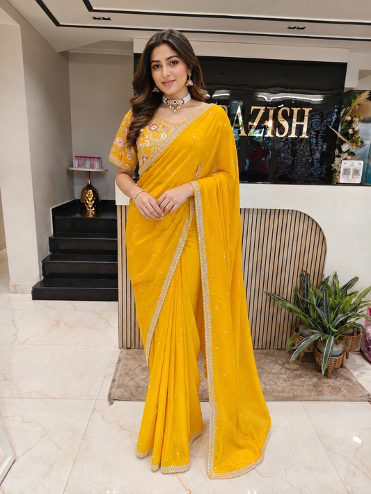 Yellow Crepe Saree
Zari Work Saree
Readymade Blouse Saree
Designer Festive Saree
Wedding Wear Saree