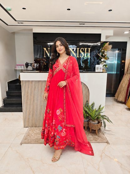 Red Chinon Anarkali
Floral Print Anarkali Suit
Kutdana Work Ethnic Outfit
Wedding Wear Anarkali India
Luxury Festive Wear Women
