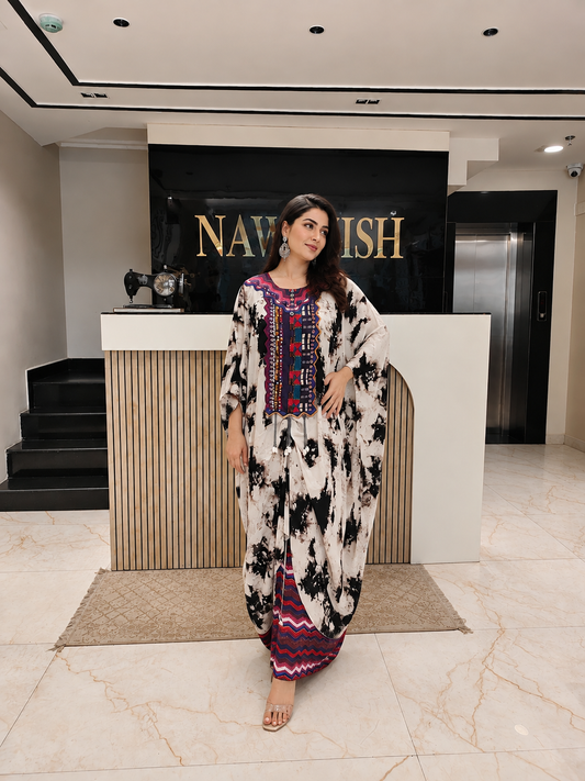 Off White Crepe Indo-Western Kaftan
Designer Kaftan Pant Set
Printed Mirror Work Kaftan
Party Wear Indo-Western Kaftan
Luxury Ethnic Wear