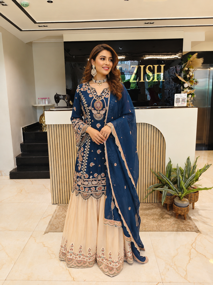 Navy Blue Farshi Salwar Set
Designer Kurta Set
Crepe Farshi Salwar
Wedding Wear Farshi Suit
Festive Ethnic Wear Set