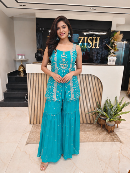 Teal Blue Chiffon Garara Set
Designer Garara Suit
Wedding Wear Garara
Festive Party Wear Ethnic Set
Chiffon Designer Suit