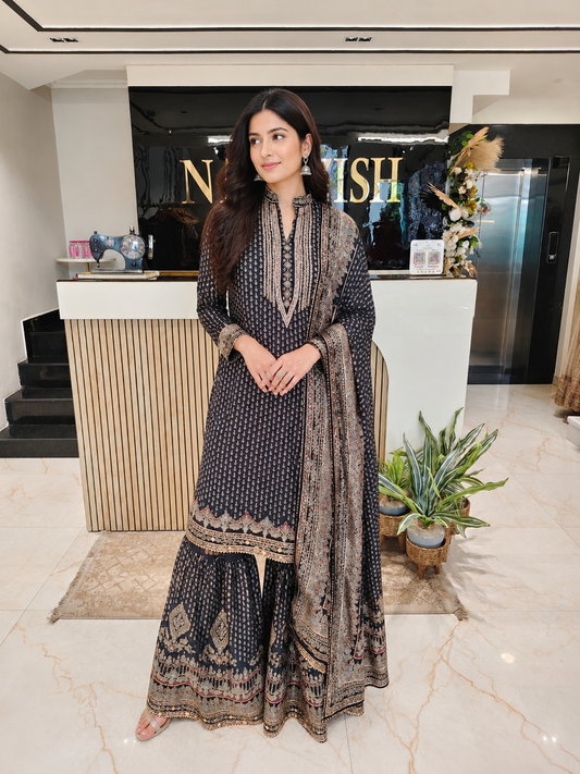 Black Crepe Sharara Set
Designer Sharara Suit
Wedding Wear Sharara
Festive Party Wear Ethnic Set
Crepe Designer Suit