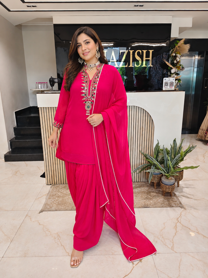 Hot Pink Farshi Salwar Set
Satin Farshi Salwar Suit
Designer Kurta Set
Wedding Wear Farshi Suit
Zardozi Work Ethnic Set