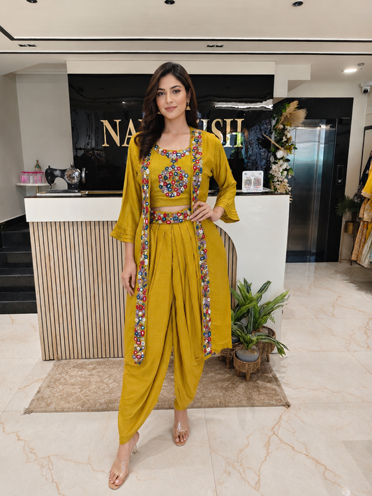 Mustard Indo Western Set
Designer Drape Skirt Outfit
Mirror Work Party Wear
Fusion Festive Wear India
Contemporary Wedding Wear Women