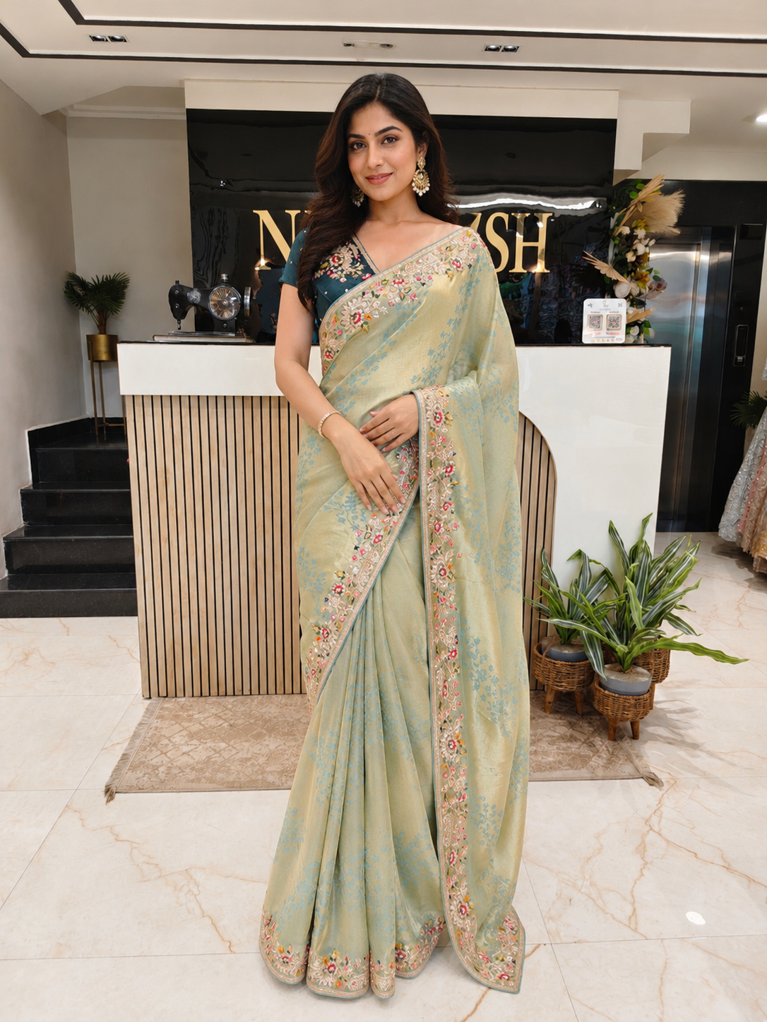 Mint Green & Blue Jacquard Tissue Saree
Designer Jacquard Tissue Saree
Pearl & Gota Work Saree
Wedding Wear Saree
Luxury Ethnic Saree