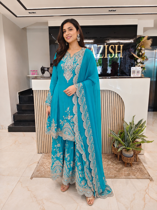 Teal Blue Chinon Sharara Set
Designer Sharara Suit
Wedding Wear Sharara
Festive Party Wear Ethnic Set
Chinon Designer Suit