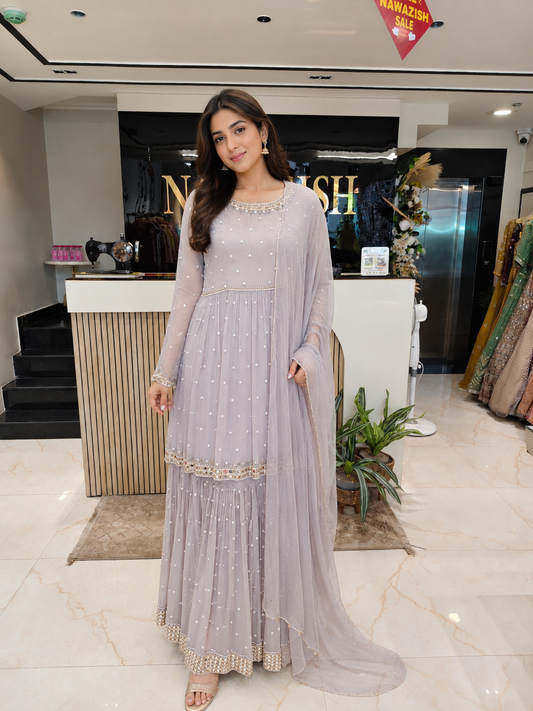 Grey Sharara Set
Designer Chinon Sharara
Mirror Work Ethnic Outfit
Wedding Wear Sharara India
Luxury Festive Wear Women