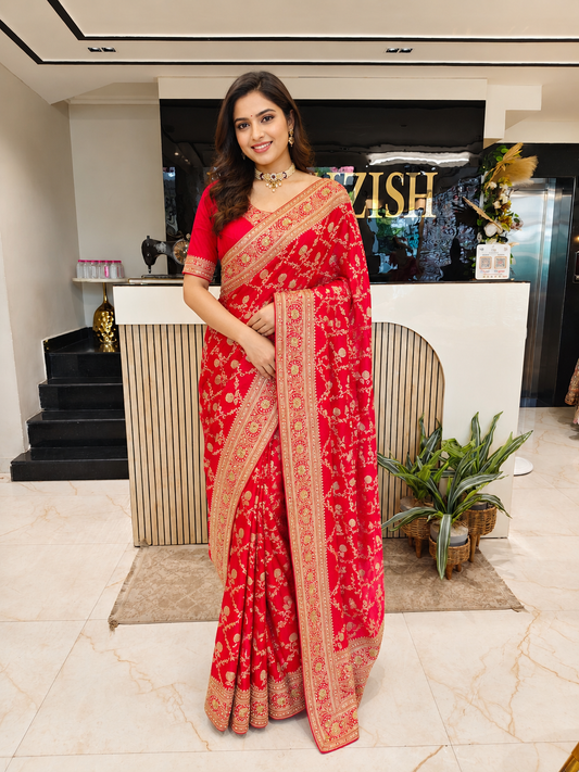 Red Silk Saree
Dabka Work Saree
Kutdana Work Saree
Designer Wedding Saree
Bridal Wear Saree