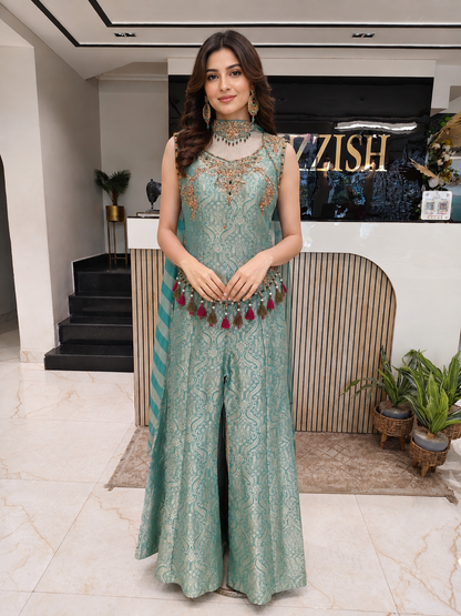 Sea Green Self Tissue Indo-Western Set
Designer Sleeveless Kurta Palazzo Set
Dabka Cutdana Work Indo-Western
Choker Dupatta Party Wear Outfit
Luxury Ethnic Wear