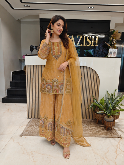 Mustard Tissue Sharara Set
Designer Sharara Suit
Wedding Wear Sharara
Festive Party Wear Ethnic Set
Tissue Designer Suit