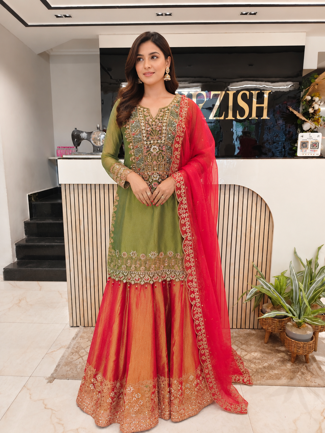 Mehndi Green & Rust Orange Tissue Sharara Set
Designer Sharara Suit
Wedding Wear Sharara
Festive Party Wear Ethnic Set
Tissue Designer Suit