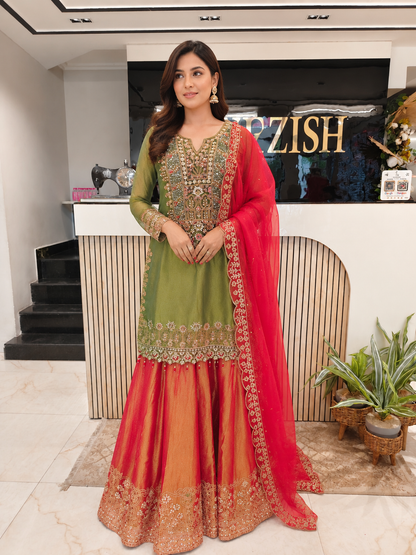 Mehndi Green & Rust Orange Tissue Sharara Set
Designer Sharara Suit
Wedding Wear Sharara
Festive Party Wear Ethnic Set
Tissue Designer Suit