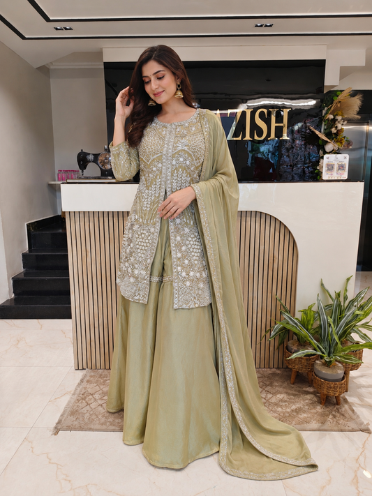 Mehndi Green Tissue Sharara Set
Designer Sharara Suit
Wedding Wear Sharara
Festive Party Wear Ethnic Set
Tissue Designer Suit
