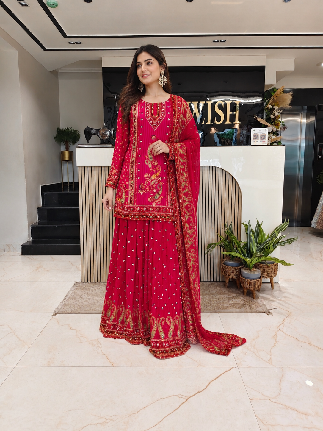 Hot Pink Crepe Sharara Set
Designer Sharara Suit
Stone Mirror Work Sharara
Wedding Wear Sharara Set
Luxury Ethnic Wear