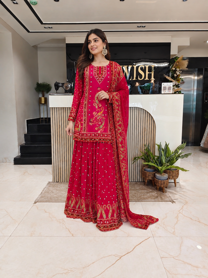 Hot Pink Crepe Sharara Set
Designer Sharara Suit
Stone Mirror Work Sharara
Wedding Wear Sharara Set
Luxury Ethnic Wear