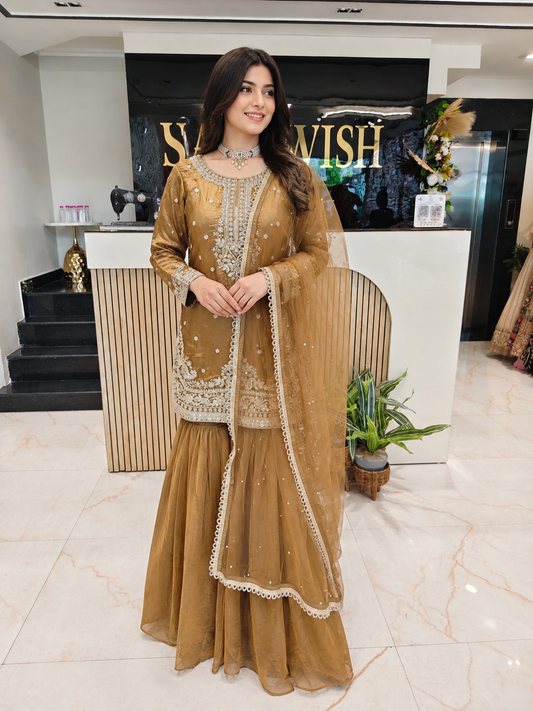 Golden Sharara Set
Tissue Sharara Suit
Designer Sharara Set
Wedding Wear Sharara
Festive Party Wear Sharara