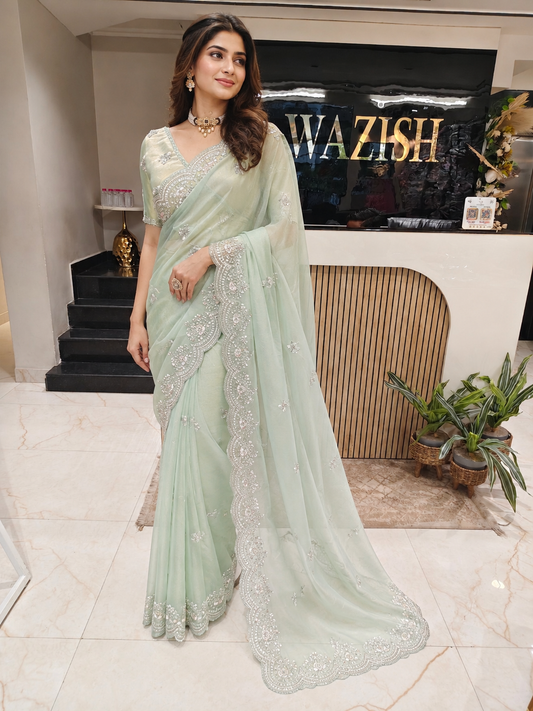 Sea Green Tissue Saree
Kutdana Work Saree
Handwork Saree
Designer Party Wear Saree
Wedding Wear Saree