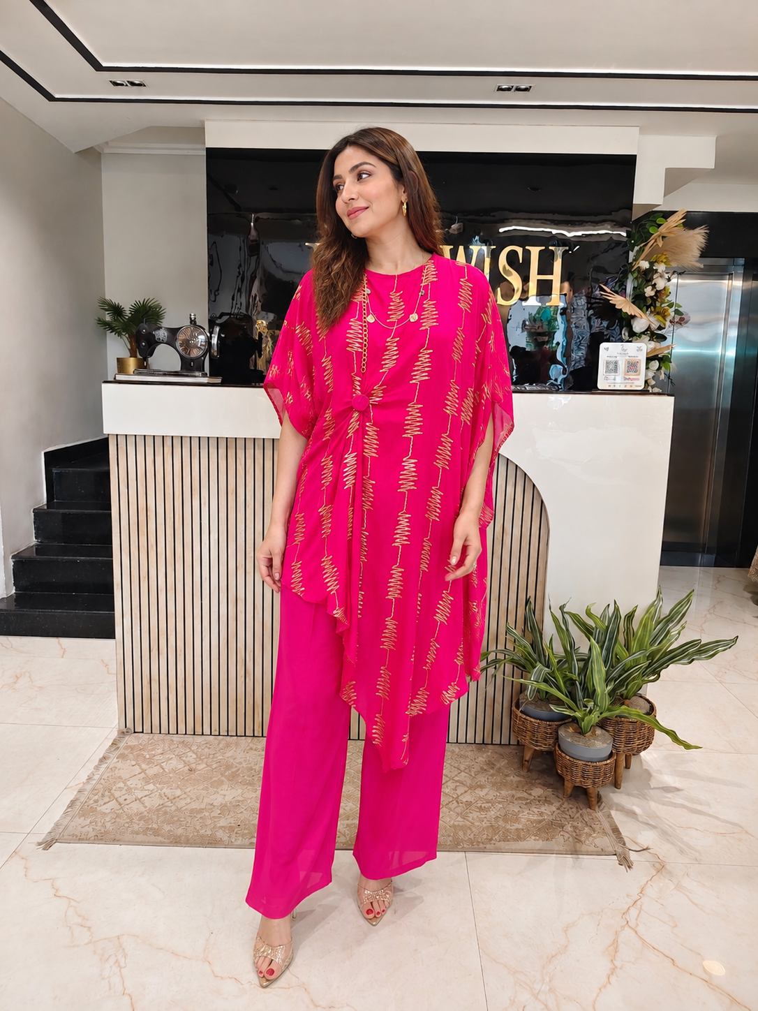 Hot Pink Chinon Indo-Western Kaftan
Designer Kaftan Pant Set
Zari Sequins Work Kaftan
Party Wear Indo-Western Kaftan
Luxury Ethnic Wear
