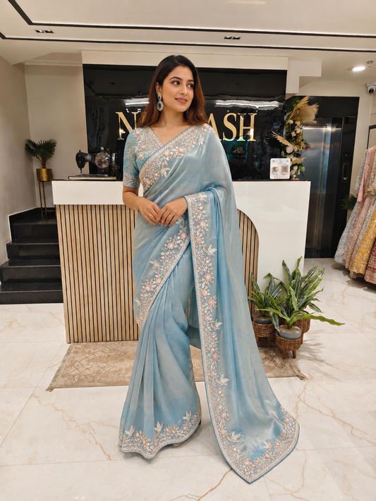 Steel Blue Jacquard Tissue Saree
Designer Tissue Saree
Pearl Work Saree
Wedding Wear Saree
Luxury Ethnic Saree