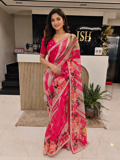 Pink Organza Saree
Floral Print Saree Women
Dori Resham Work Saree
Wedding Wear Saree India
Luxury Party Wear Saree