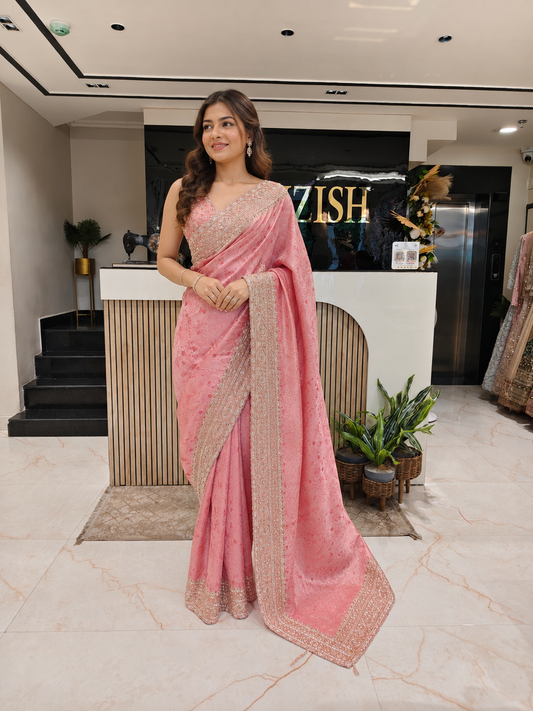 Baby Pink Tissue Saree
Designer Tissue Saree for Women
Kutdana Work Wedding Saree
Handcrafted Party Wear Saree
Luxury Festive Saree India