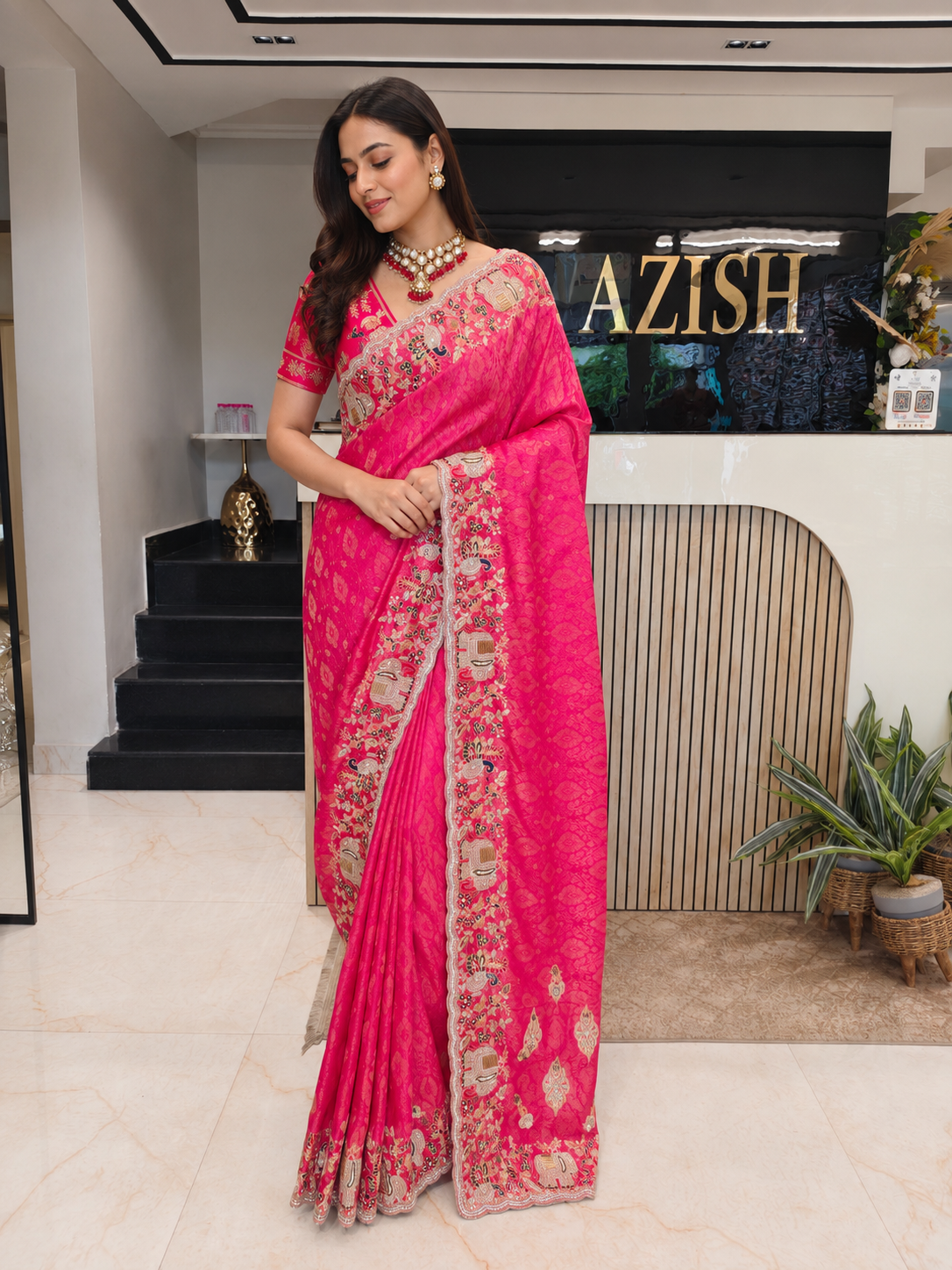 Hot Pink Tissue Saree
Designer Tissue Saree
Bird Motif Saree
Wedding Wear Saree
Handwork Designer Saree